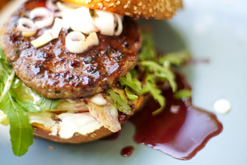 Meaty hamburger in a restaurant