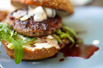 Meaty hamburger in a restaurant