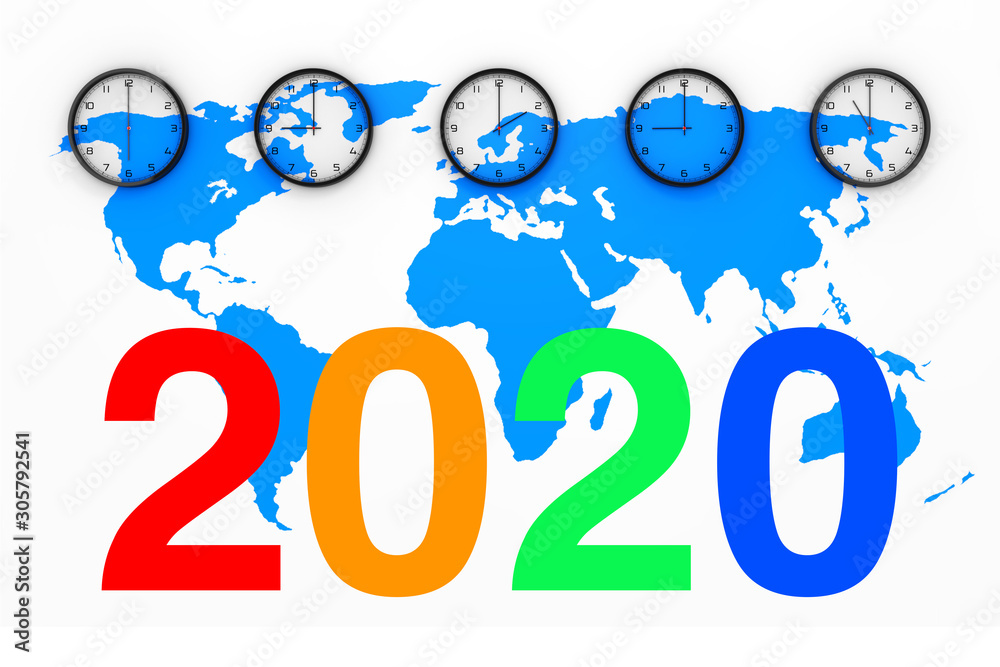 Poster Set of Clocks with Different World Time, Blue World Map and New 2020 Year Sign. 3d Rendering
