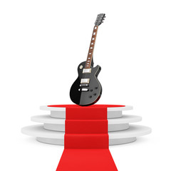 Beautiful Black Electric Guitar in Retro Style over Round White Pedestal with Steps and a Red...