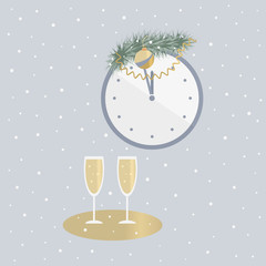 Christmas or New year background. Wall clock is decorated with a Christmas tree branch with a cute ball and streamer. Two glasses of champagne on a gold tray. The snow is falling. Vector illustration