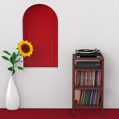 Turntable Vinyl Record Player, HIFI Stereo Mixer Amplifier and Syack of Old Vinyl Record Disk with Wooden Rack Storage Stand in front of Wall with Red Window. 3d Rendering