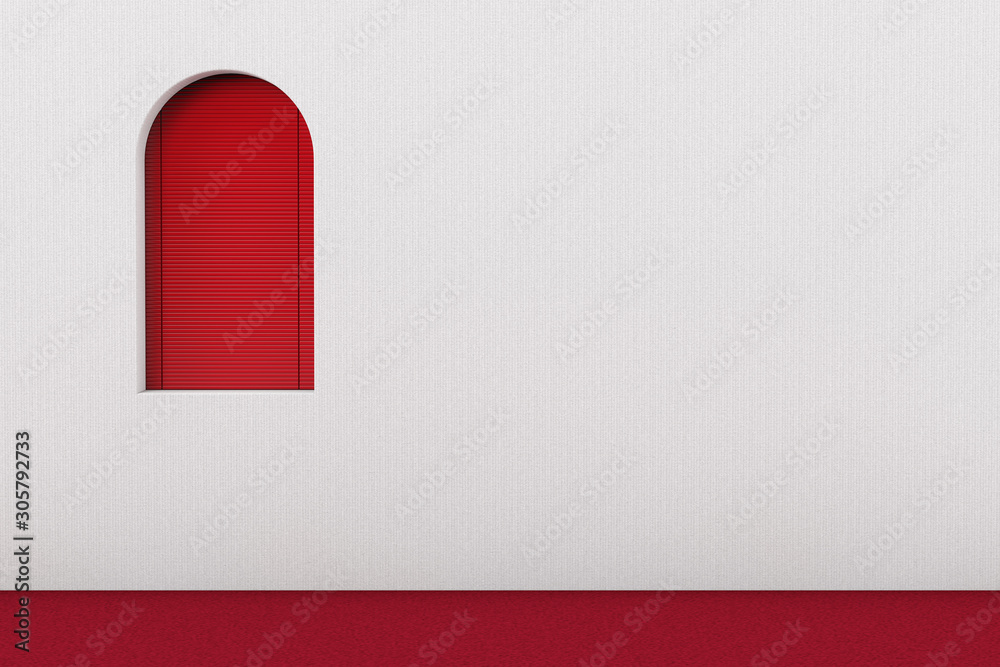 Poster red window with venetian blinds in room with red carpet and white wall. 3d rendering