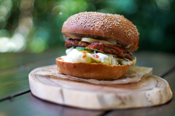 Meaty hamburger in a restaurant