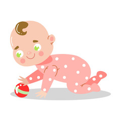 Cute happy smiling baby in pink pajama playing with the small ball. Vector illustration in flat cartoon style.