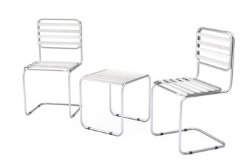 Obraz premium Set of Modern Metal Chairs and Table with Wooden Planks. 3d Rendering