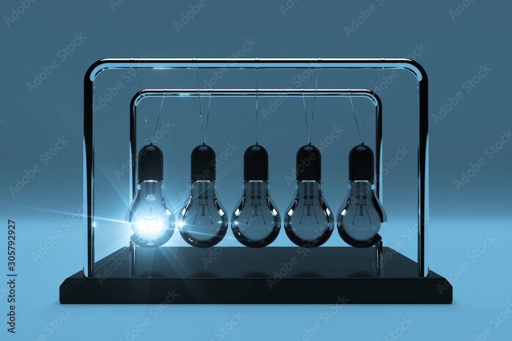 Aufkleber business idea concept. perpetual motion light bulbs with one glowing as newtons spheres cradle. 3d r