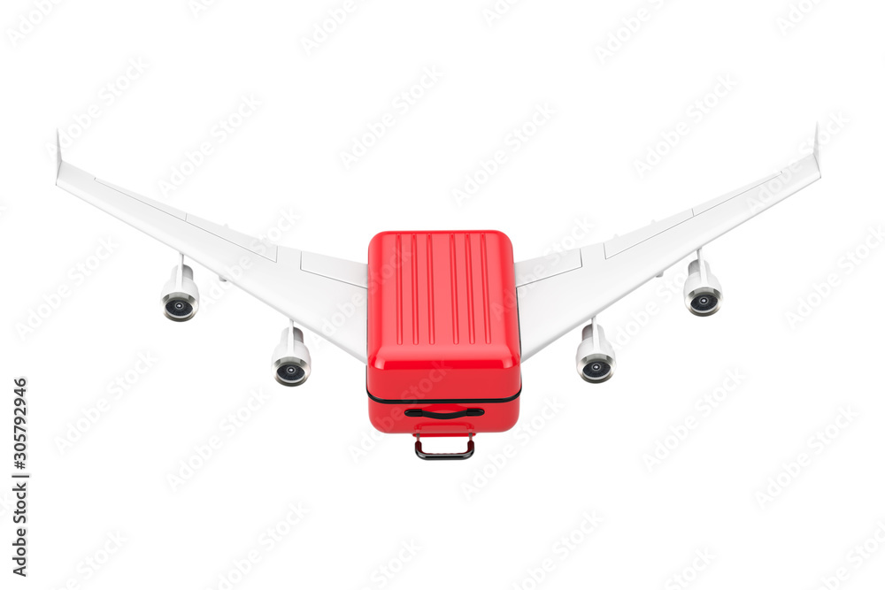 Aufkleber Travel Concept. Large Red Polycarbonate Suitcase with Airplane Wings Flying to Vocation. 3d Rendering