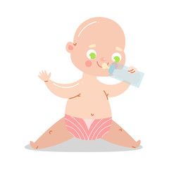 Cute baby in pink underpants sitting and drinking milk from a bottle with raised hands. Vector illustration in flat cartoon style.