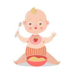 Cute baby in striped red underpants sitting with a bowl of porridge and holding a spoon with raised hands. Vector illustration in flat cartoon style.