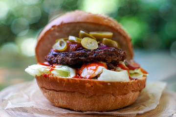 Meaty hamburger in a restaurant