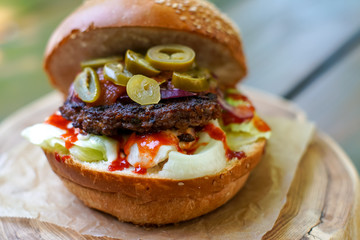Meaty hamburger in a restaurant