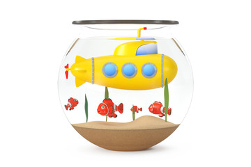 Yellow Toy Submarine in Aquarium Swims Under Water with Fishes. 3d Rendering