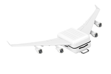 Travel Concept. Large White Polycarbonate Suitcase with Airplane Wings Flying to Vocation. 3d Rendering