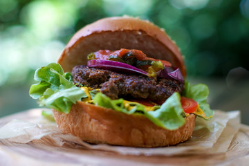 Meaty hamburger in a restaurant