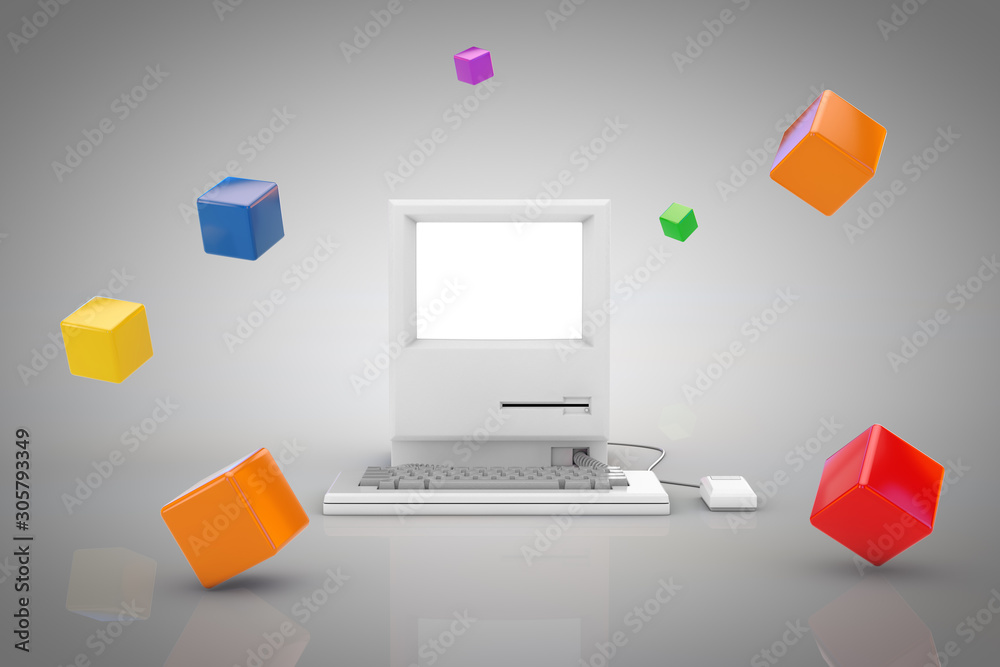 Poster abstract colour boxes around retro personal computer. 3d rendering