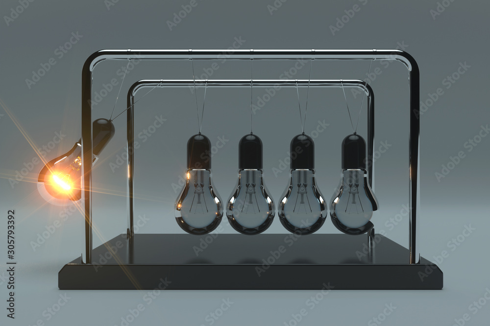 Aufkleber business idea concept. perpetual motion light bulbs with one glowing as newtons spheres cradle. 3d r