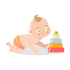 Cute happy smiling baby playing with the pyramid toy. Vector illustration in flat cartoon style.