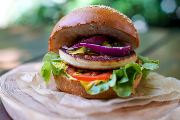 Meaty hamburger in a restaurant