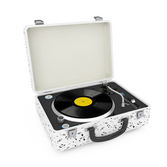Portable Vintage Style Music Player Turntable in White Case. 3d Rendering