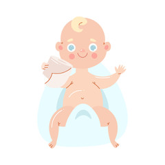 The child sits on a potty with toilet paper in his hands. Vector illustration in flat cartoon style.