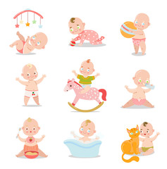 Set of a cute baby in underpants with different situations. Vector illustration in flat cartoon style.