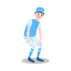 The teenage boy baseball player standing in a pose. Vector illustration in the flat cartoon style.