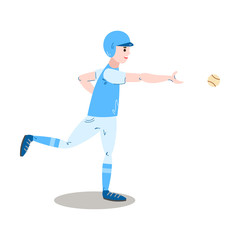 Fototapeta premium The teenage boy plays baseball in a blue uniform throwing the ball. Vector illustration in the flat cartoon style.