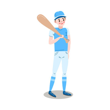 The teenage boy baseball player stands with the bat in a blue uniform. Vector illustration in the flat cartoon style.