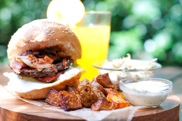 Meaty hamburger in a restaurant