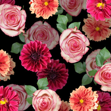 Beautiful floral background of dahlias and roses. Isolated