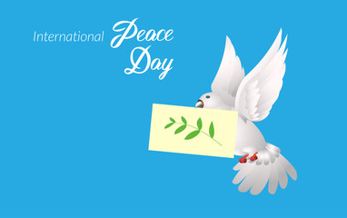 Poster for International Peace Day. White pigeon on blue backdrop. Vector illustration.