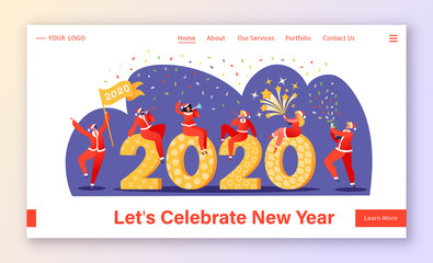 Naklejka premium Winter season holidays website landing page concept. Tiny people celebrate New Year party near giant 2020 number with sparklers, crackers, fireworks web page banner. Cartoon flat, vector Illustration.