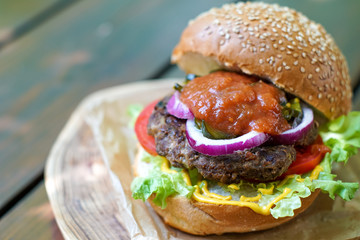 Meaty hamburger in a restaurant