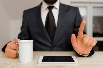 Male human wear formal clothes present presentation use hi tech smartphone