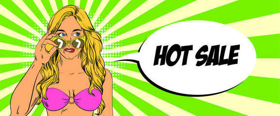 Summer sale poster design with decorate text and cartoon style girl. Vector illustration.