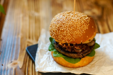 Meaty hamburger in a restaurant
