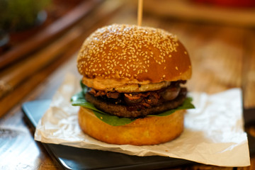 Meaty hamburger in a restaurant