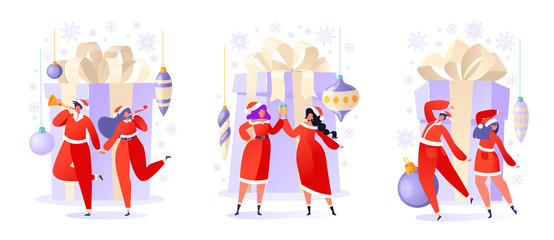 Set of flat cartoon people characters with holiday scenes. Women and men dancing and having fun, drinking champagne. People in anticipation of the celebration of Christmas and New Year. 