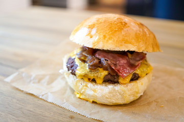 Meaty hamburger in a restaurant