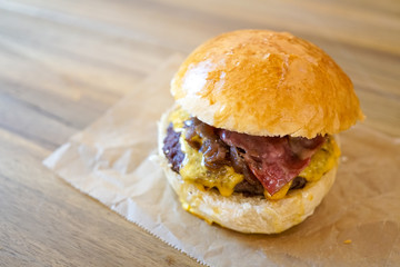 Meaty hamburger in a restaurant