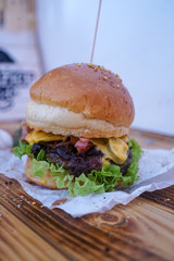 Meaty hamburger in a restaurant