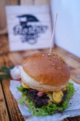 Meaty hamburger in a restaurant