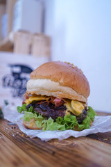 Meaty hamburger in a restaurant