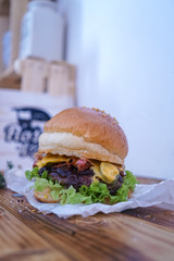 Meaty hamburger in a restaurant