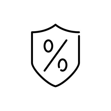 recommend clip art: Concepto transacción financiera segura. Icono plano lineal escudo con simbolo porcentaje en color negro