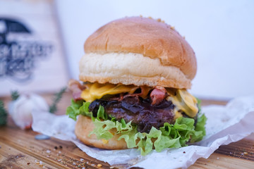 Meaty hamburger in a restaurant