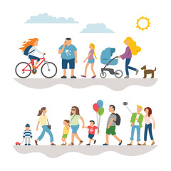 Fototapeta premium Flat illustrations set with collection simple character peoples walking on street: man, woman, child, girl on bike, dog and more isolated person.