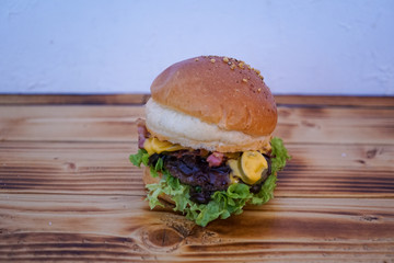 Meaty hamburger in a restaurant