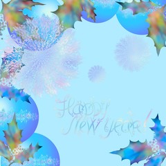 Fototapeta na wymiar Spheres shining with a holly branch. Happy New Year card.Blue balls with the flower and openwork image. Background 
